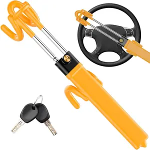 Anti-Theft Steering Wheel Lock Double Hooks Heavy Duty Adjustable Auto Security Lock with 2 Keys for Cars Truck SUV Pickup Van Yellow