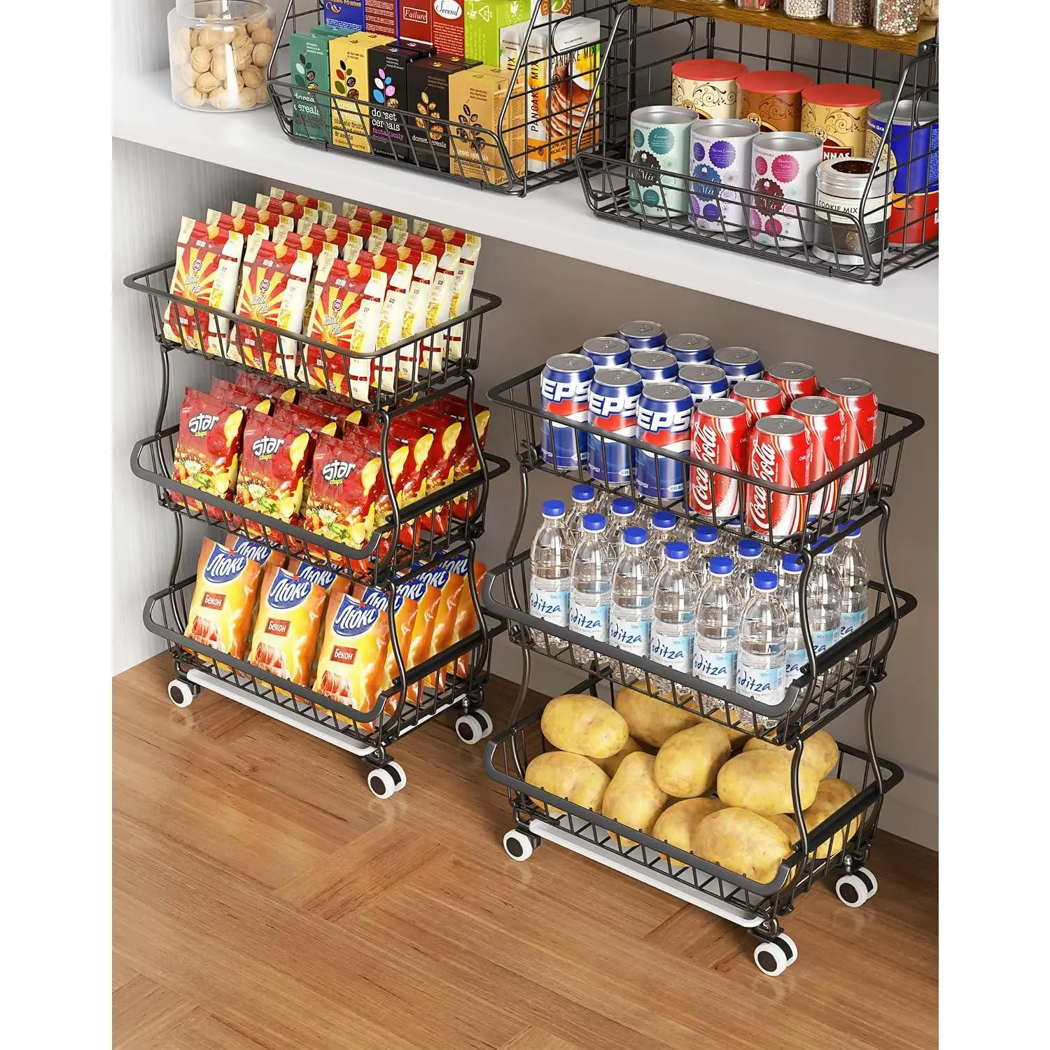 3-Tier Rolling Pantry Floor Organizer and Storage Cart with Wheels, Stackable Wire Pantry Baskets for Pantry Shelves, Kitchen Fruit Basket Stand and Storage Rack for Fruit Snack Onion
