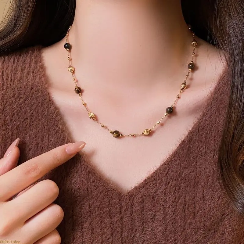 Double Layered Tiger Eye Necklace, Vintage Boho Stacking Chain for Women with Natural Stone & Brushed Gold Beads, Fall Winter Holiday Gifts