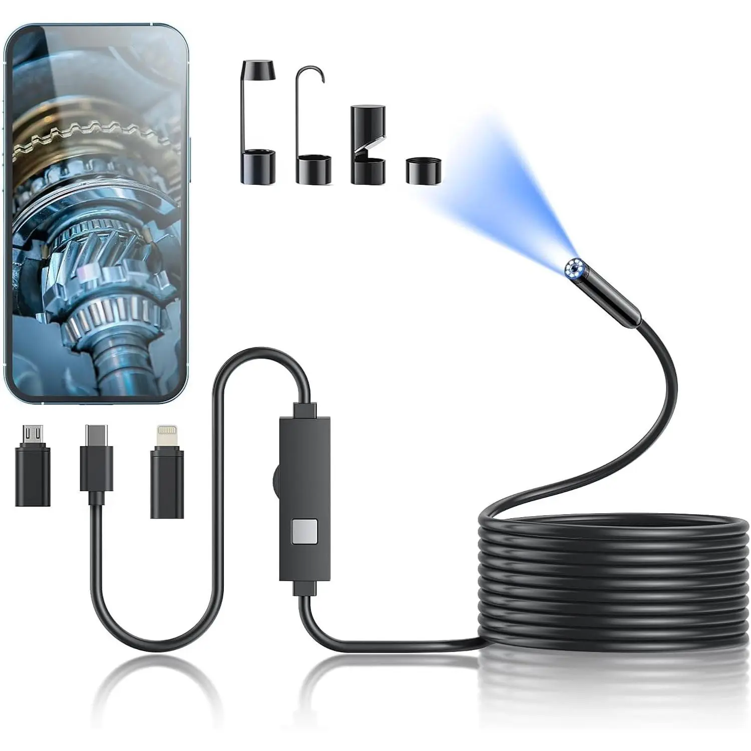 1920P HD Waterproof Endoscope Camera with Light, 8 Adjustable LED Lights, Semi-Rigid Snake Camera, Manual Car Diagnostic Tool for Cars, Mirror Inspections, iOS & Android, 16.4ft Single Lens Gift for Husband