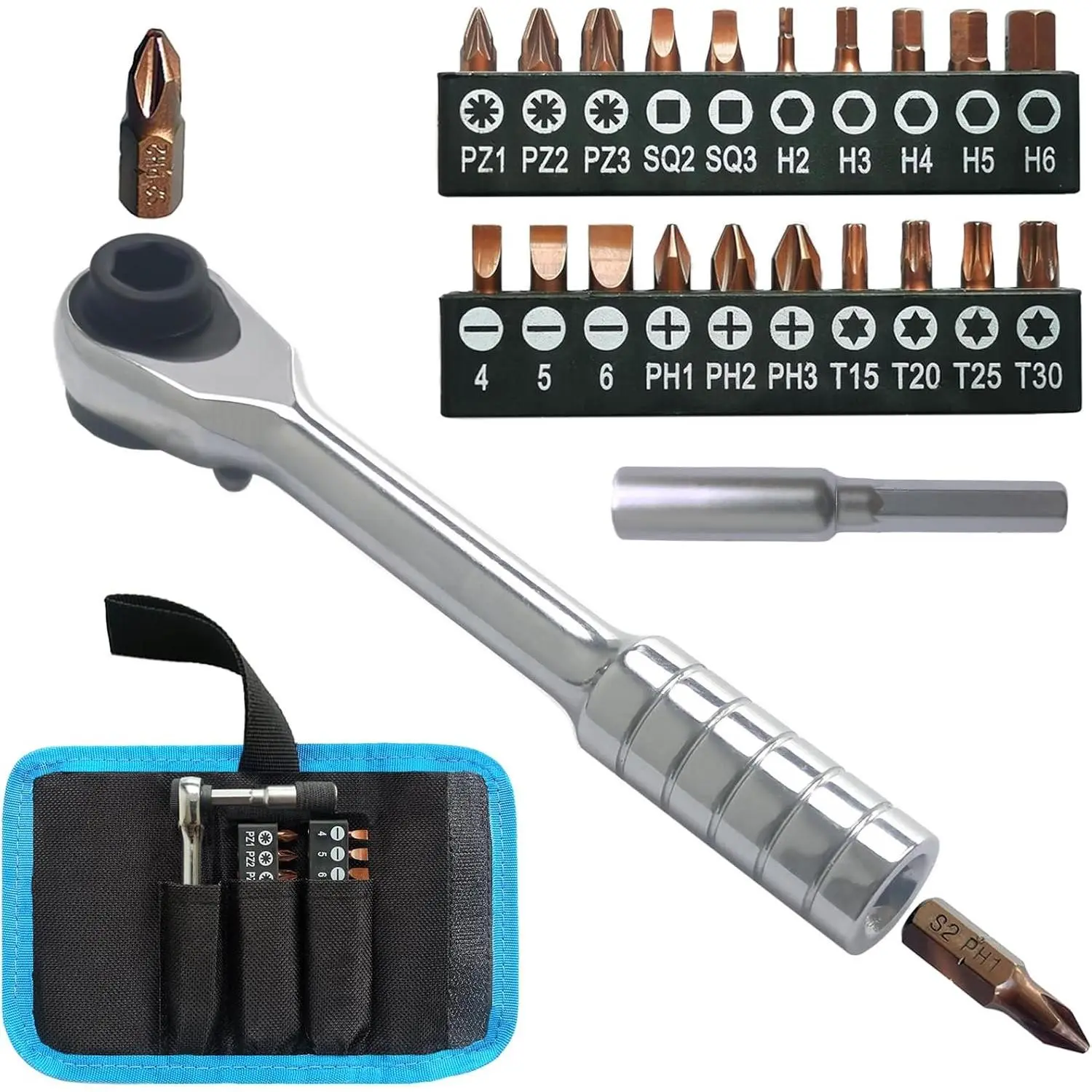 Mini Ratchet  Set,Right Angle ,Short Offset Screwdrivers with Phillips, Flat, Torx, Hex, Square,Pozidriv S2-Alloy Steel Bits (36-)