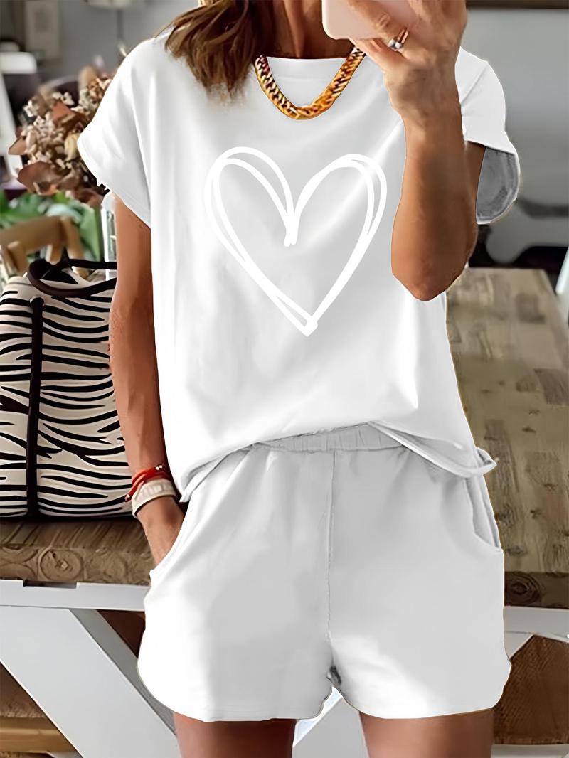 Two-Piece Set Women's Heart Print Tee & Shorts, Casual Shortsleeve Fitted T-shirt & Shorts for Daily Wear, Ladies Two-piece Matching Lounge Sets for Spring & Fall, Clothes