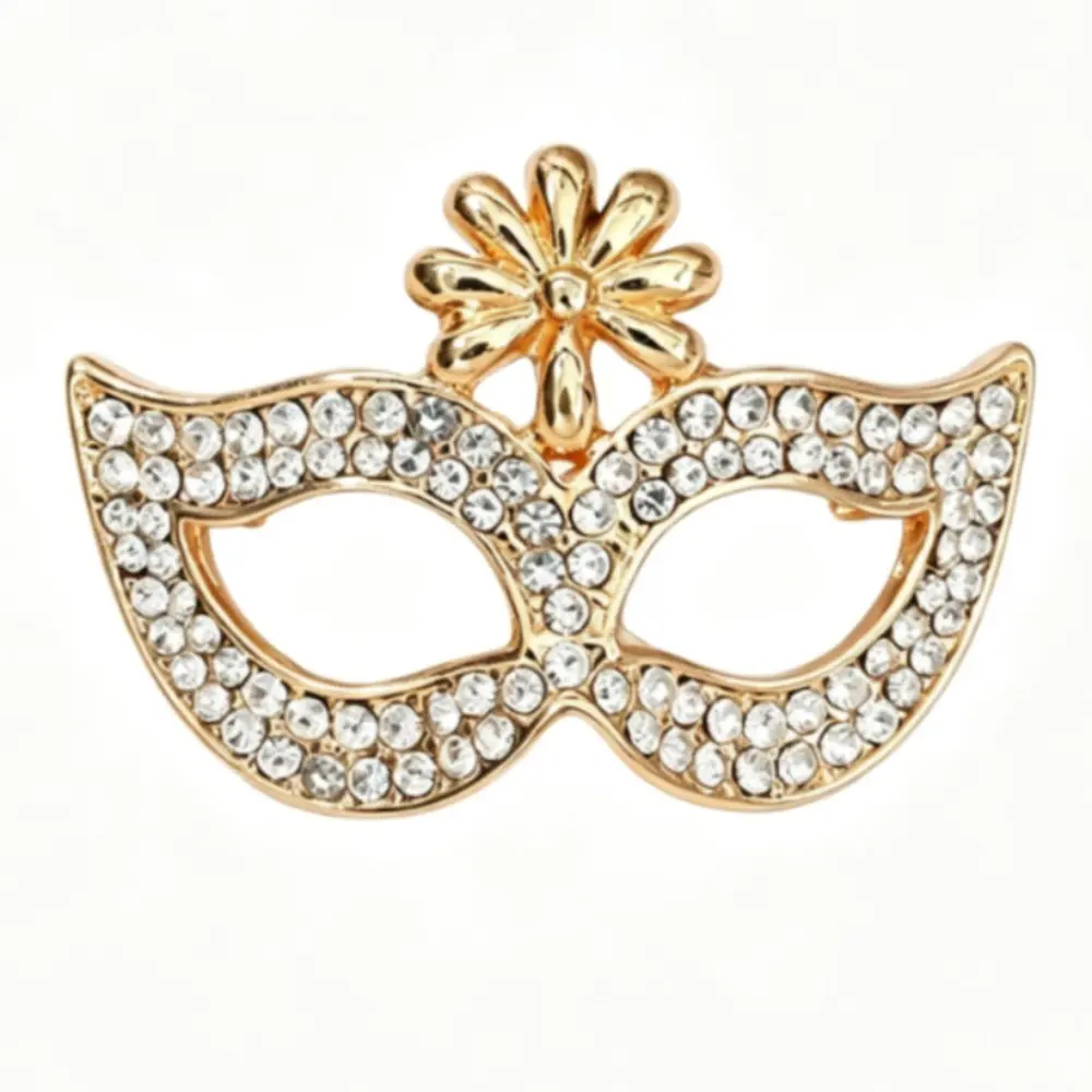 Gold Masquerade Mask Brooch Clear Round Rhinestone Top Floral Detail Unisex Party Evening Lapel Pin