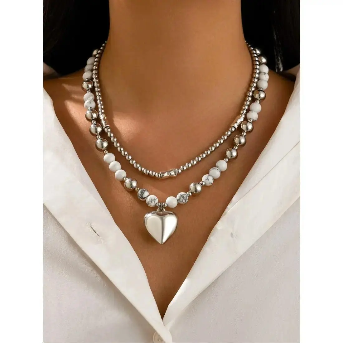 Women’s Faux Pearl Heart Pendant Necklace, Cute Beaded Charm Jewelry for Female Sports & Outdoor Outfit Accessory, Party, Birthday Gift