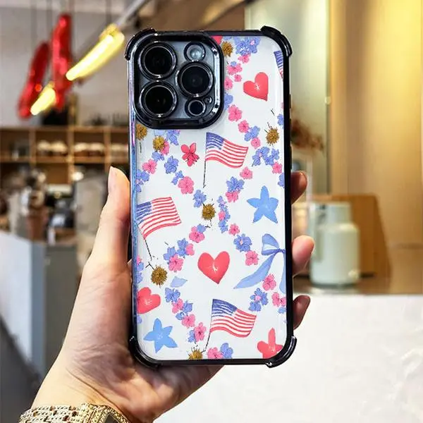 Red White Blue Wildflower Phone Case Heart Star Floral Picniccore Style for iPhone 17 16 15 14 13 12 11 X Plus Pro Max Summer Picnic Gift