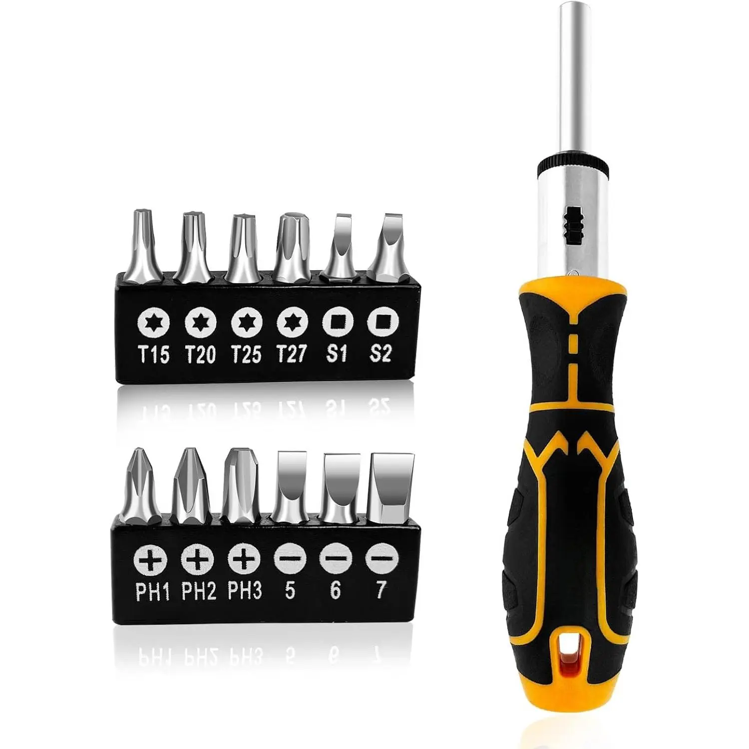 13-in-1 Ratcheting  Set, Adjustable Multi-bit with  Tips (Flat, Phillips, Torx, Hex, Square, Nut Drivers), Cushion Grip Handle