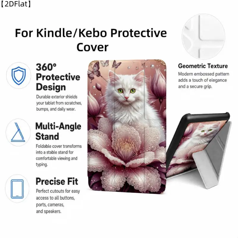 For Kindle/Kobo/Tolino Case, with stand White Cat Pink Flowers Butterflies for New Kindle 11Th 2019, for Kindle 11th Generation Case for Kindle 11Th (2022/2024), 6-Inch, 7-Inch Kindle Paperwhite 12Th Generation 2024 Vision Color (2024) /Vision 6 (2021）/Sh