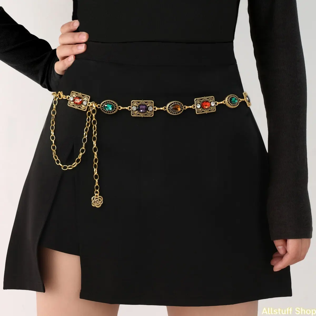 Oval Link Bling Chain, Alloy Waist Body Jewelry with Rhinestone Accents for Adults, Fashion Clothing Accessory