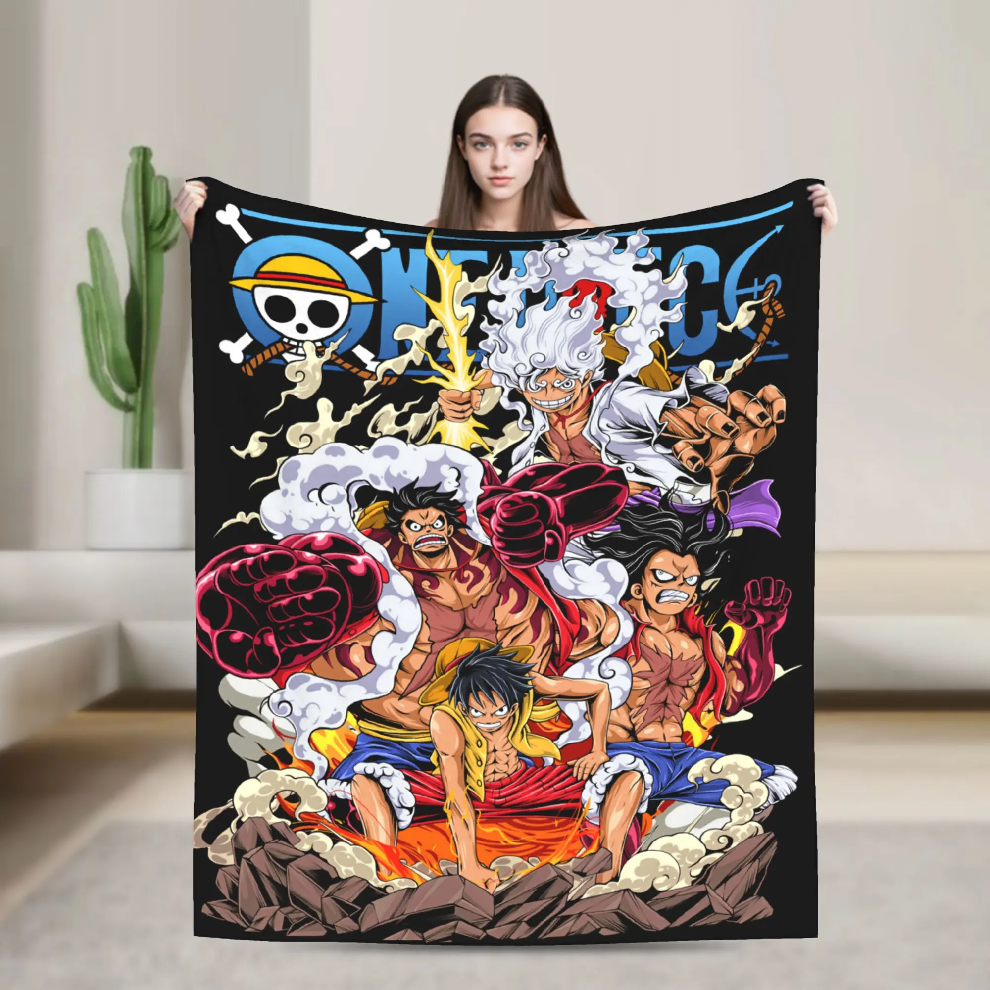One Piece Monkey D. Luffy All Forms Transformation Printed Blanket, All-Season Cozy Flannel Blanket for Anime Fans