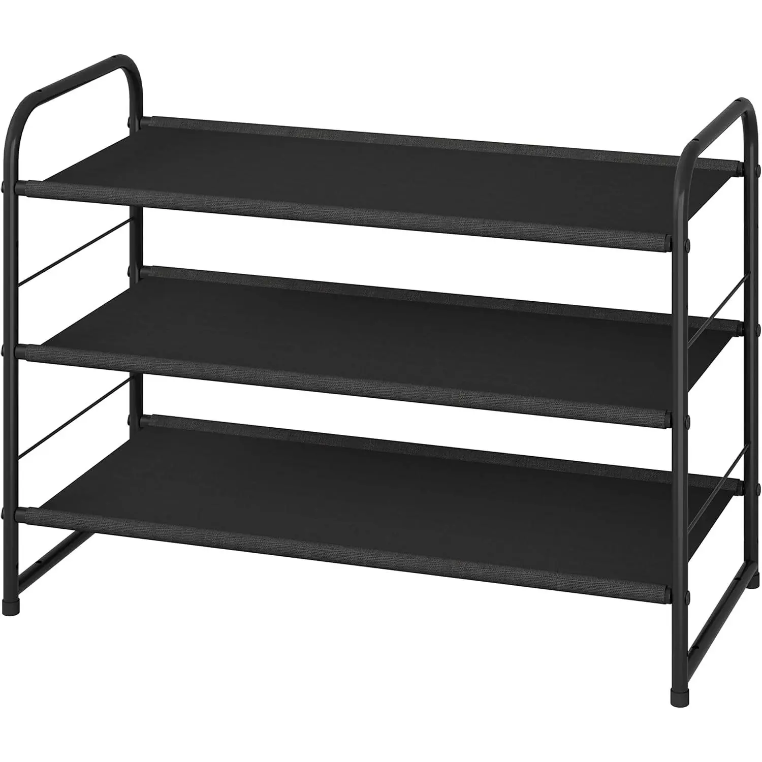 3 Tier Stackable Shoe Rack, Expandable Adjustable Fabric Shoe Shelf Storage Organizer, Black