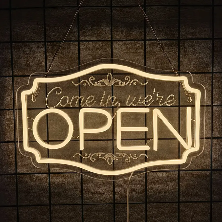 Open Neon Sign Come in we're Open Neon Sign Open for business Neon Signs for Business Window Shop Commercial Hotel Restaurant Door Wall Background Decoration
