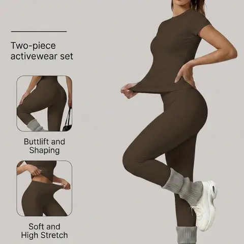 Women's Sport Set, Short Sleeve T-Shirt & High Waist Yoga Pants, Ideal for Fitness, Training, Daily Activities, Slim-Fit, Plain Design, Soft Stretchy Activewear