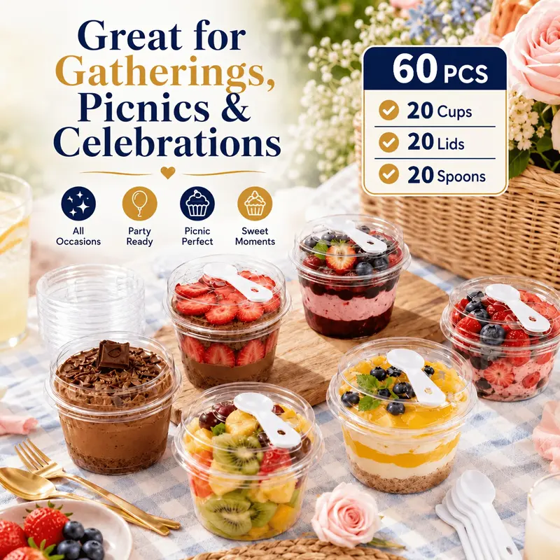 20sets of round transparent plastic packaging boxes with lids and spoons, Baking Supplies, suitable for cookies, ice cream, mousse, cakes, yogurt cups, pudding, frozen cakes, fruits, party dessert tables, baking displays