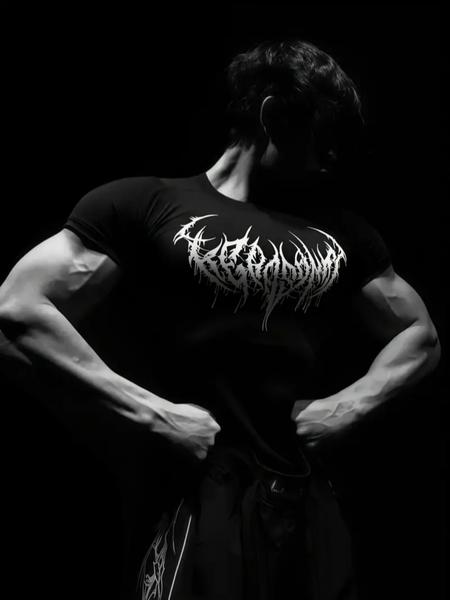 Gothic Style Men's Black Gym Shirt – Metallic Letter & Spine Wing Design, High-Stretch Slim Fit Workout Top, Ideal for Gym, Training & Casual Wear, Muscle-Enhancing Sportswear, Gothic Aesthetic Fitness Tee, Bodybuilding Fitness Tee Gothic Style Men's Black Gym Shirt – Metallic Letter & Spine Wing Design, High-Stretch Slim Fit Workout Top, Ideal for Gym, Training & Casual Wear, Muscle-Enhancing Sportswear, Gothic Aesthetic Fitness Tee, Bodybuilding Fitness Tee