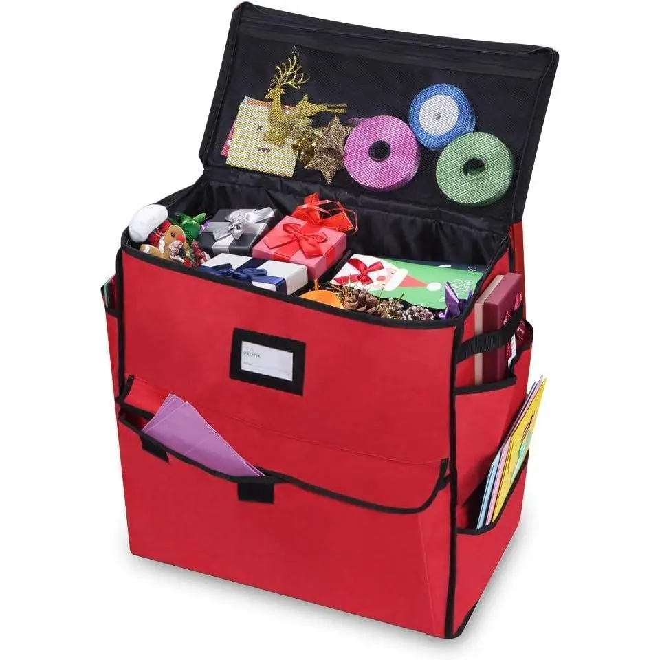 Christmas Storage Organizer,  Bags, Bows, Ribbons and Wrapping Accessories Container (Red)