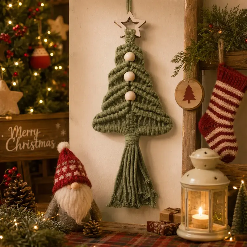 Boho Macrame Christmas Tree Ornaments, Hand Woven Cotton Rope Xmas Tree Hanging Decor with Wooden Star Top, Wood Beads and Tassels, Rustic Farmhouse Christmas Decor for Christmas Tree, Wall, Window, Holiday Party Home Decoration, Decorative Ornaments