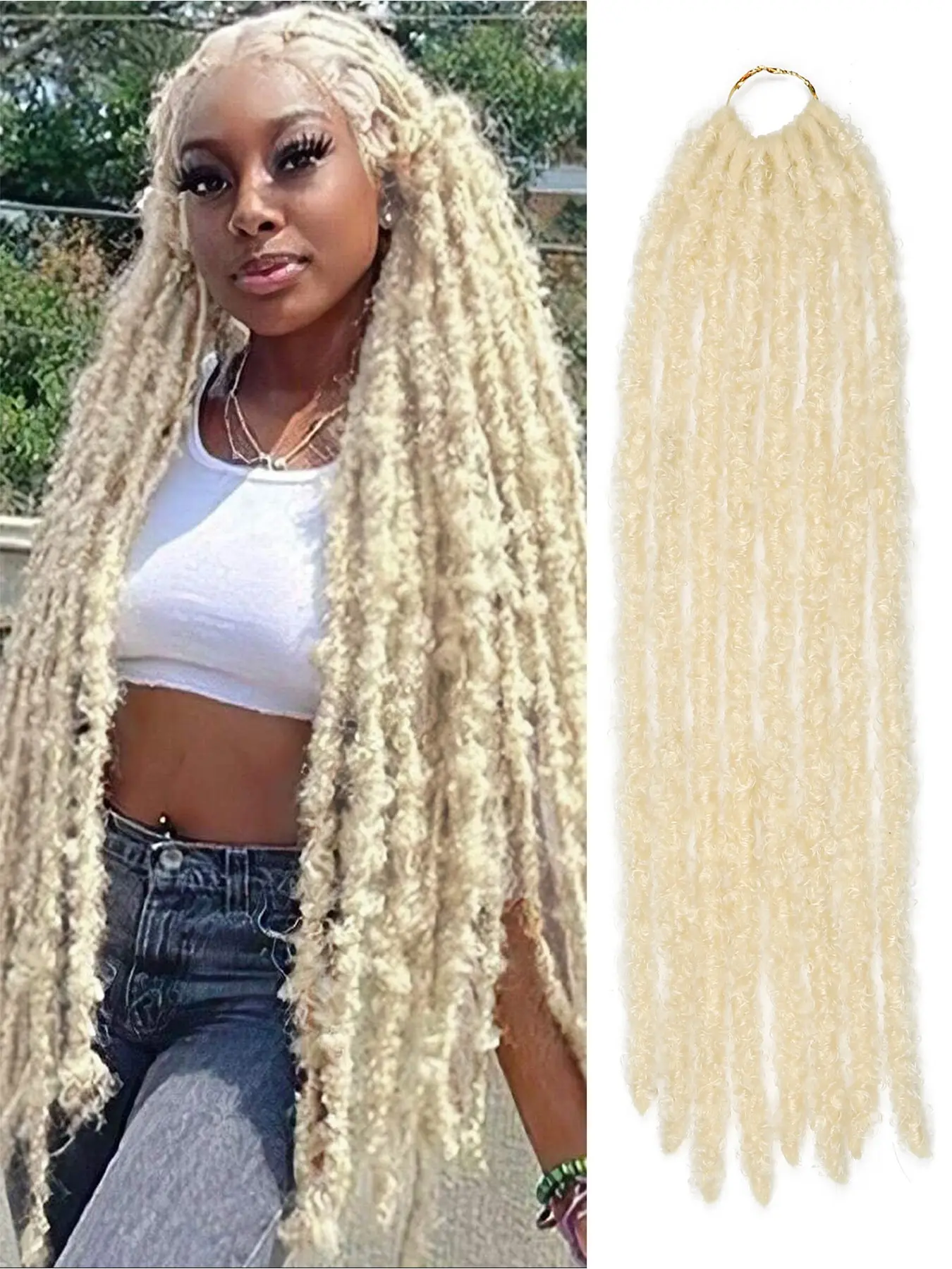 Pre-twisted butterfly locs crochet synthetic hair extensions—20-inch, natural messy style with pre-looped attachment. Available in black, brown, and blonde; soft, curly braids suitable for daily wear, parties, Christmas, carnivals, and music festivals.