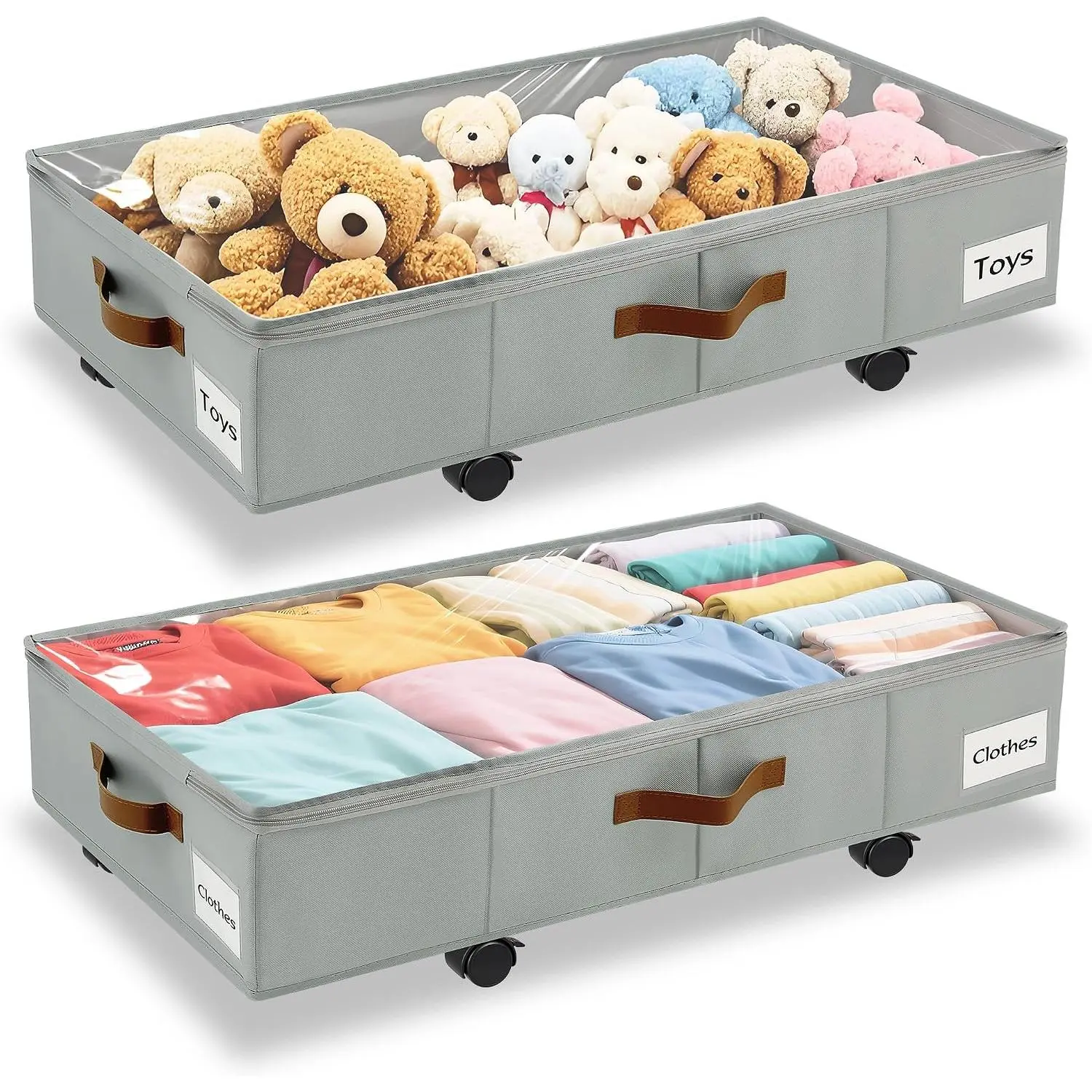 Under Bed Storage with Wheels,Underbed Storage with Sturdy Sidewalls/Bottom, Clear Cover, Label and PU Handle, Rolling Under Bed Drawers for Clothes, Shoes, 5.5 Inch Height,Grey, 2 Pack