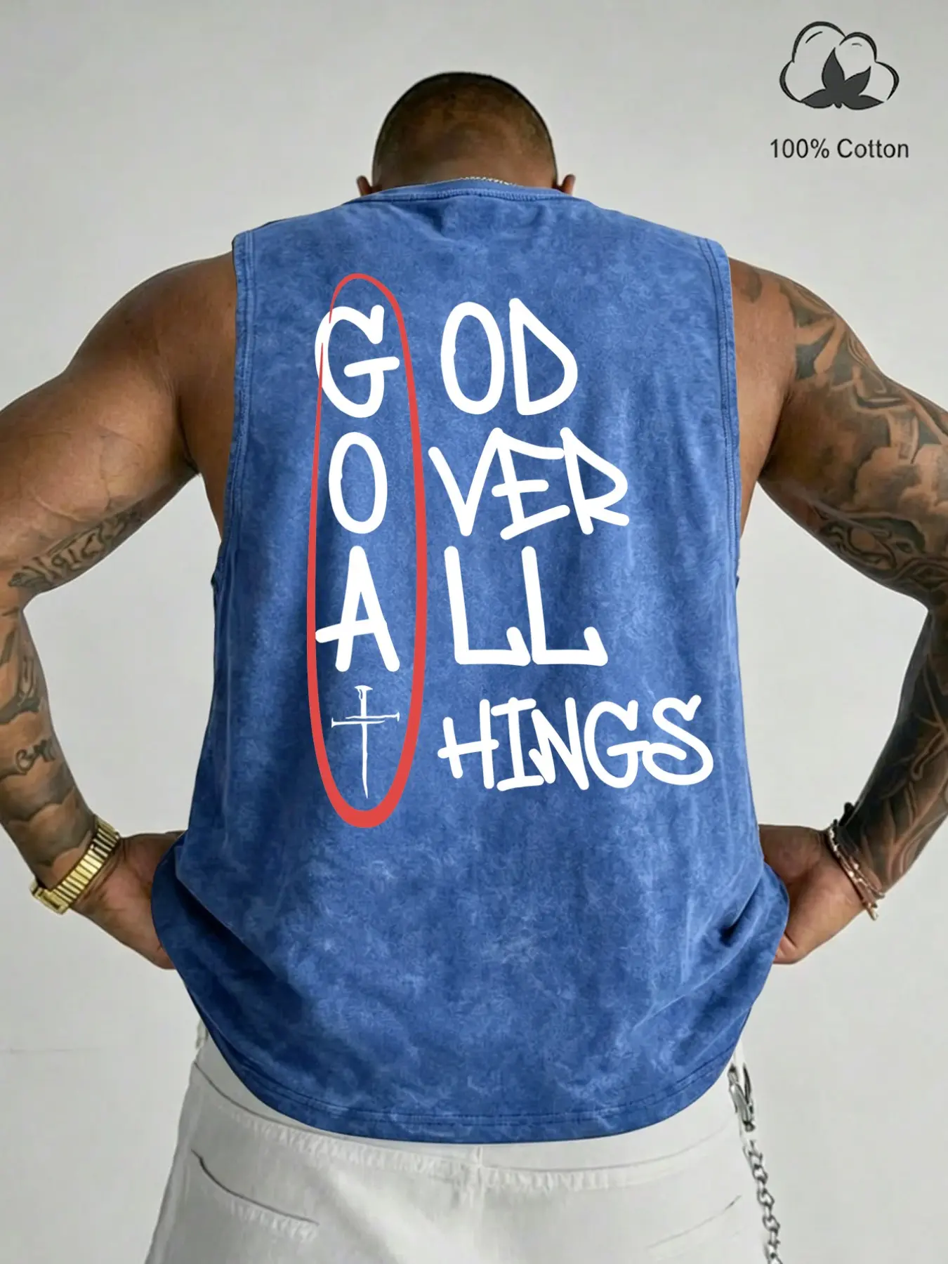 Men Vintage Wash 100% Cotton Breathable Sleeveless Tank Top, God Over All Things Cross Faith Letter Back Print Loose Casual Streetwear Gym Vest #FaithTankTop #ChristianGraphicVest #VintageCottonTank #TikTokMadeMeBuyIt