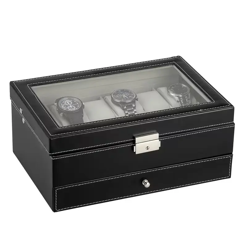 Double Layer Watch Box, 12 Slots Large Glass Cover, Detachable Pad, Metal Lock, Lockable Watch Box, Gift for Loved Ones, Synthetic Leather, Lining