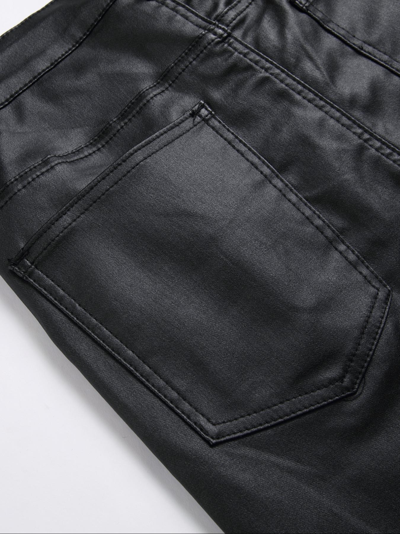 Men's Solid Color PU Leather Pants, Tight-fitting Street Fashion Casual Comfy Pocket Trousers for Daily Wear, Men's Bottoms for All Seasons Casual Fitted Pockets Casual Slant Pocket