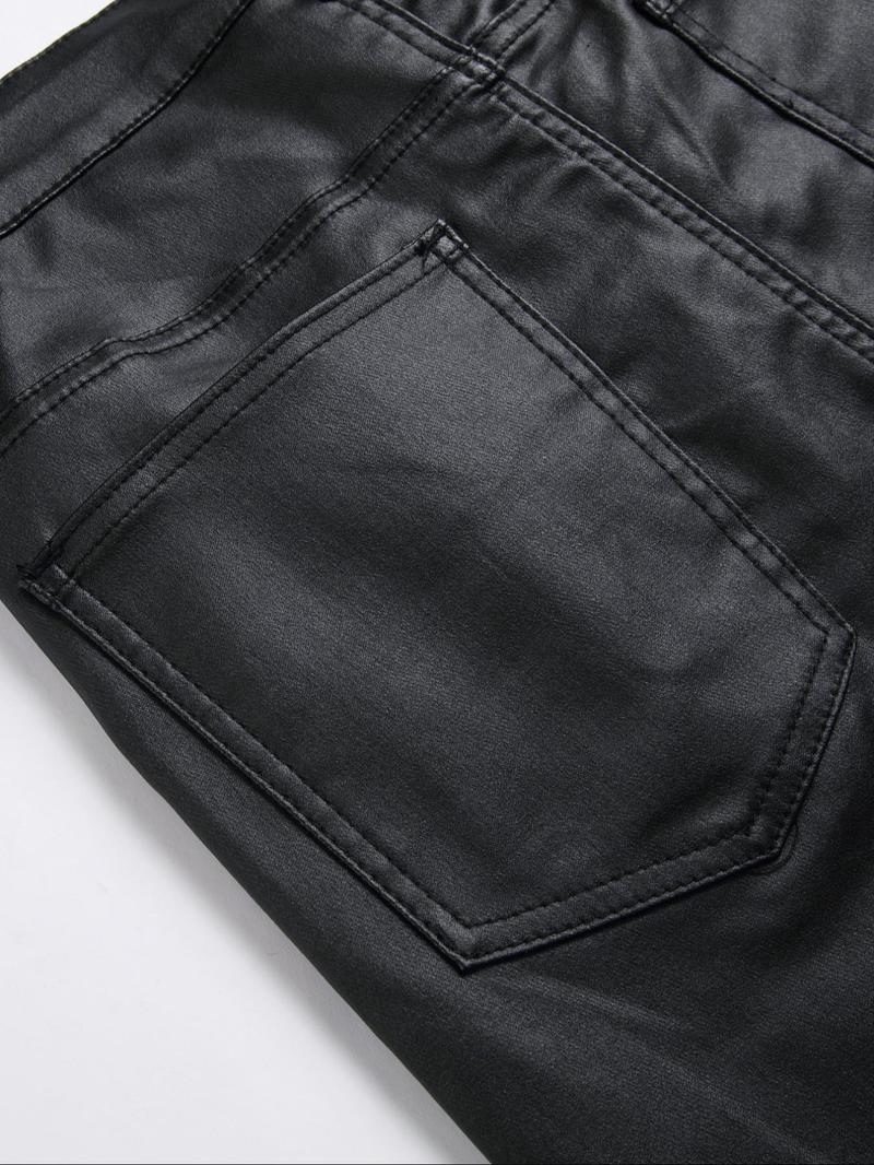 Men's Solid Color PU Leather Pants, Tight-fitting Street Fashion Casual Comfy Pocket Trousers for Daily Wear, Men's Bottoms for All Seasons Casual Fitted Pockets