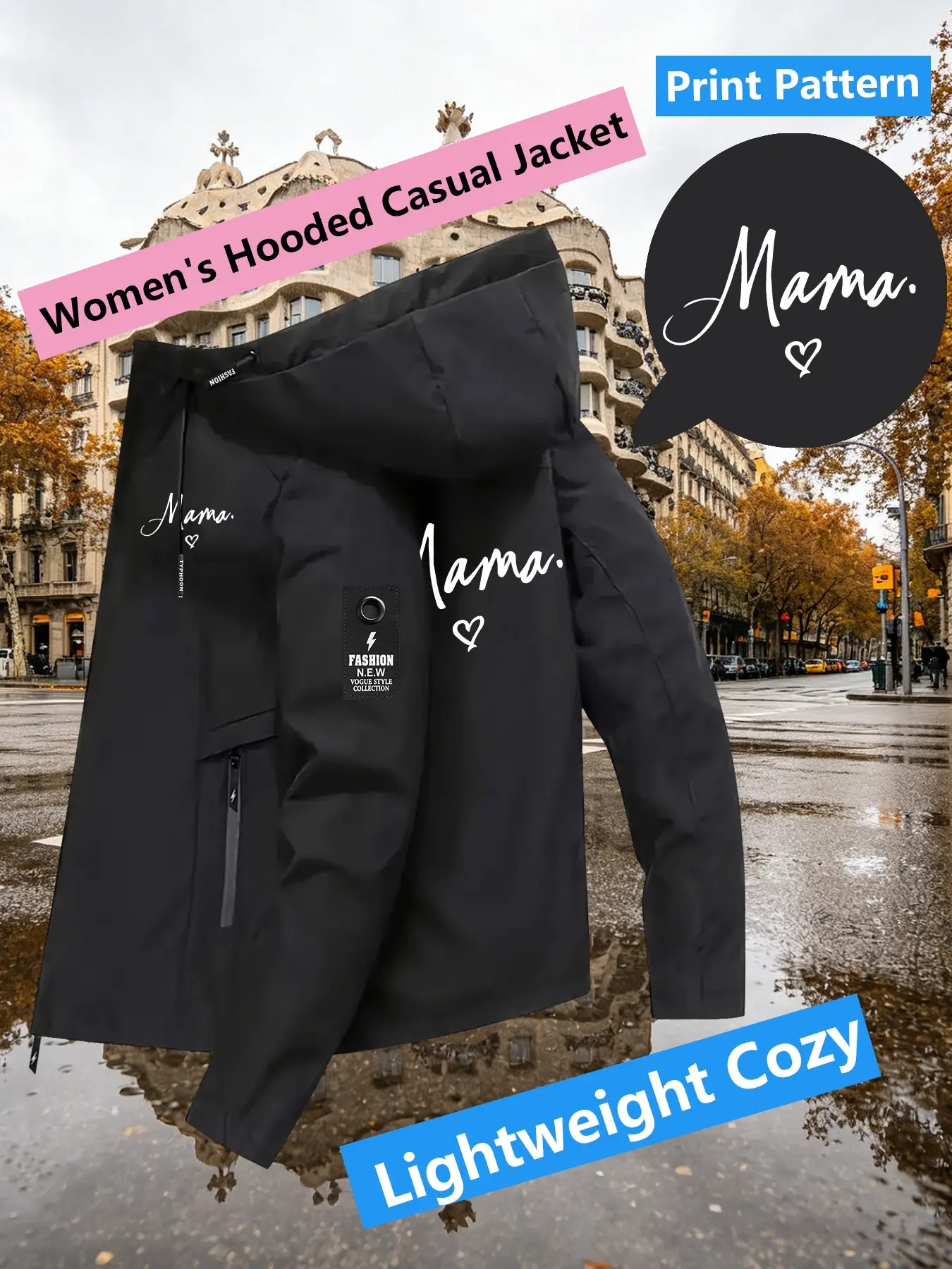 Women's Hooded Windbreaker Jacket Coats Double sided Mama Heart Cursive Print Jacket Two Color Options Hooded Loose All Season Warm Casual Jacket Ideal for Daily Commute Hiking Climbing Wear Skin Friendly Breathable Machine Washable Plussize
