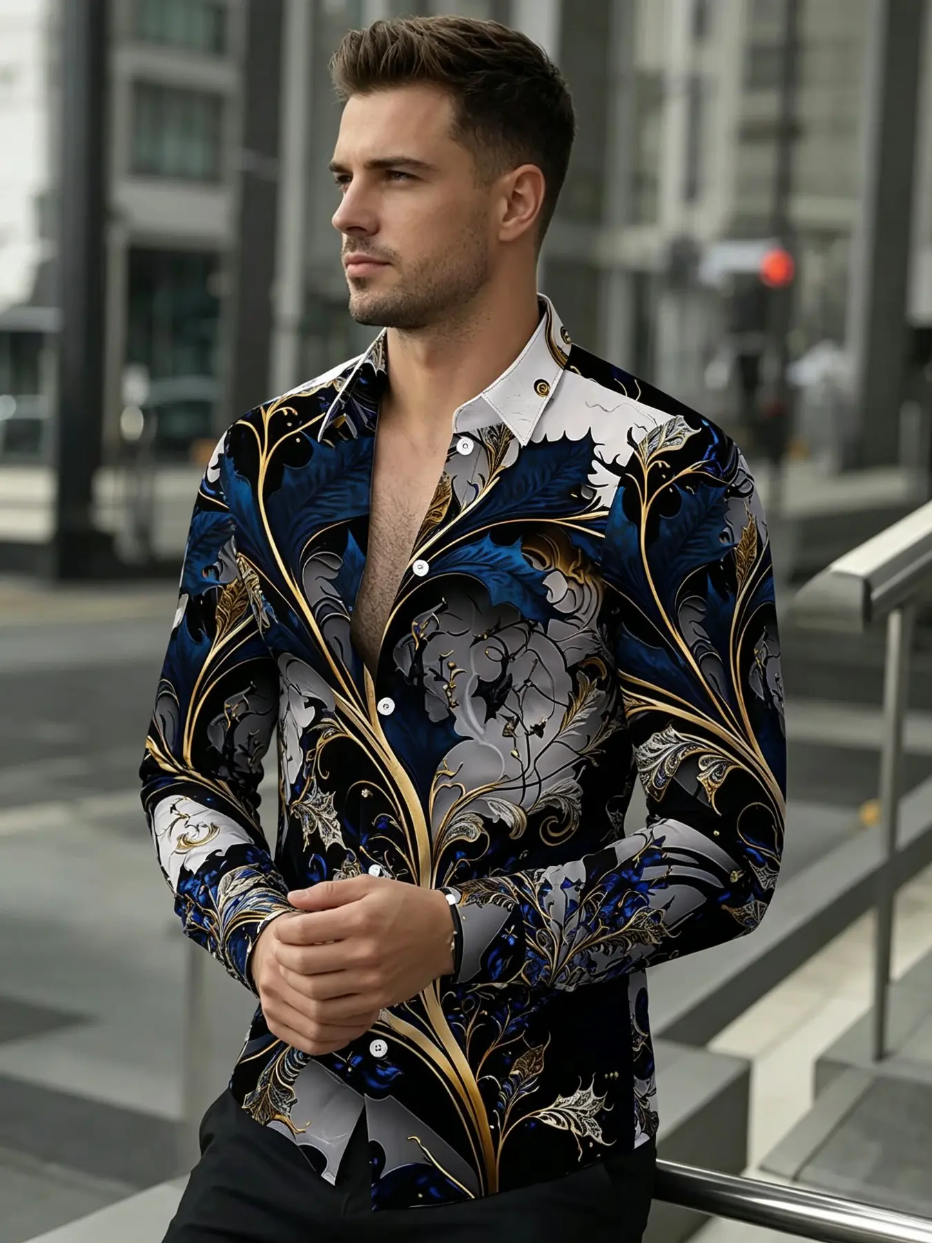 Men's Lapel Long Sleeve Button Up Shirt, Sublimation Baroque Vine Floral Print Slim Fit Casual Shirt, Vintage Scroll Leaf Pattern Dress Shirt for Club Night Daily Street Outfit