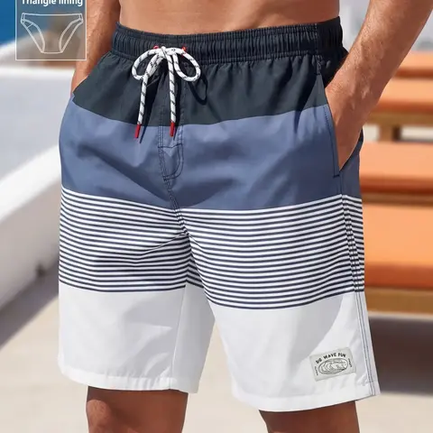 Men's Striped Swim Trunks, Casual Comfy Breathable Swim Shorts for Summer Outdoor Activities, Activewear Swimwear for Beach Vacation, Drawstring Swim Bottoms, Pockets Swimming Shorts