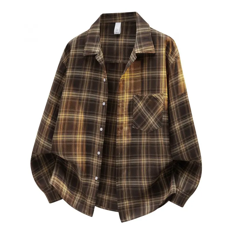 Men's Vintage Brown and Yellow Plaid Shirt, Casual Loose-Fit Long-Sleeve Button-Up Top with Chest Pocket, Soft Breathable Cool-Touch Fabric for Autumn Streetwear, Stylish, Male Clothing