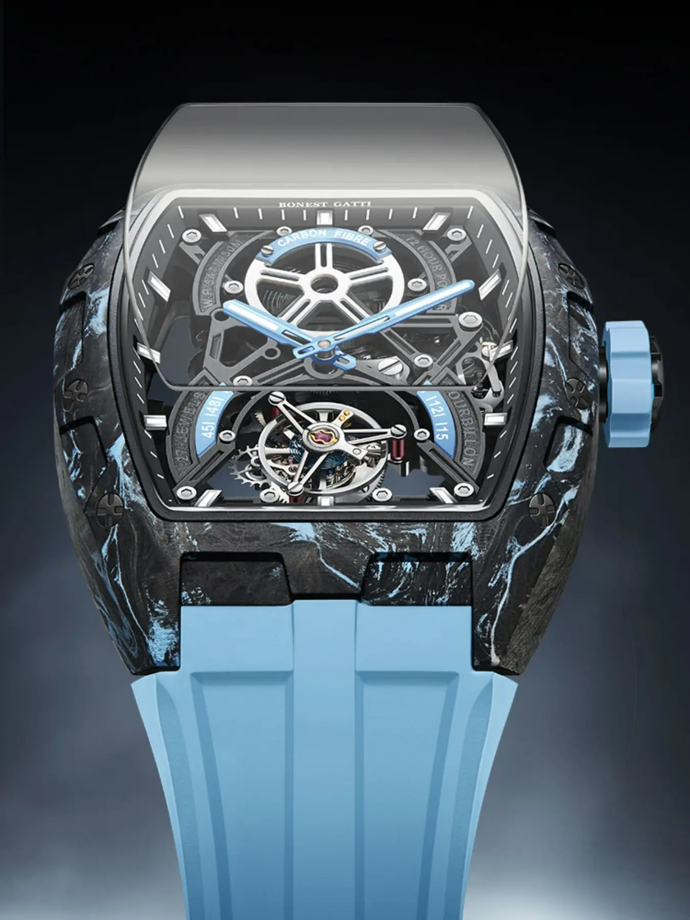 BONEST GATTI Mens Automatic Watch Carbon Fiber Tonneau Skeleton Tourbillon Watch Carbon Case Colorful Soft Rubber Strap Revealing Movement Beauty Trend Head Turning Statement Timepiece Luminous Analog Watch For Street Style Lovers