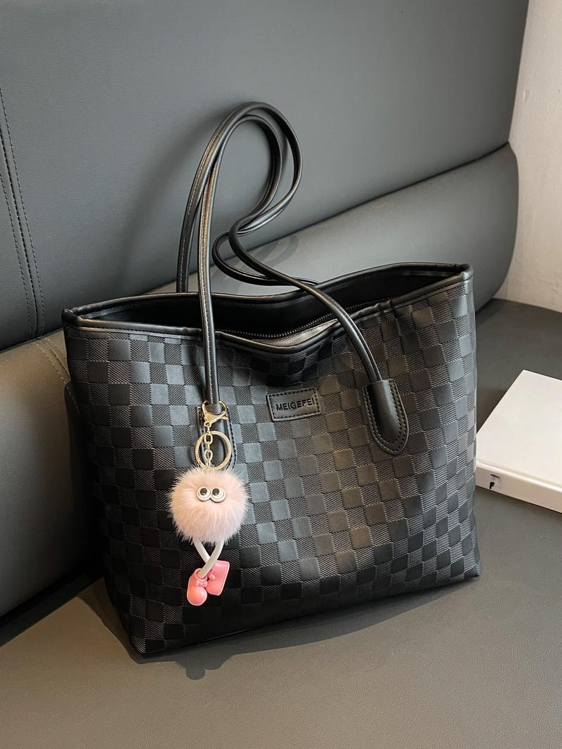 Women's Checkered Embossed Large Capacity Tote Bag, Cute Pom Pom Keychain, Zipper Closure, Versatile Daily Shoulder Bag for American Fashion Lovers