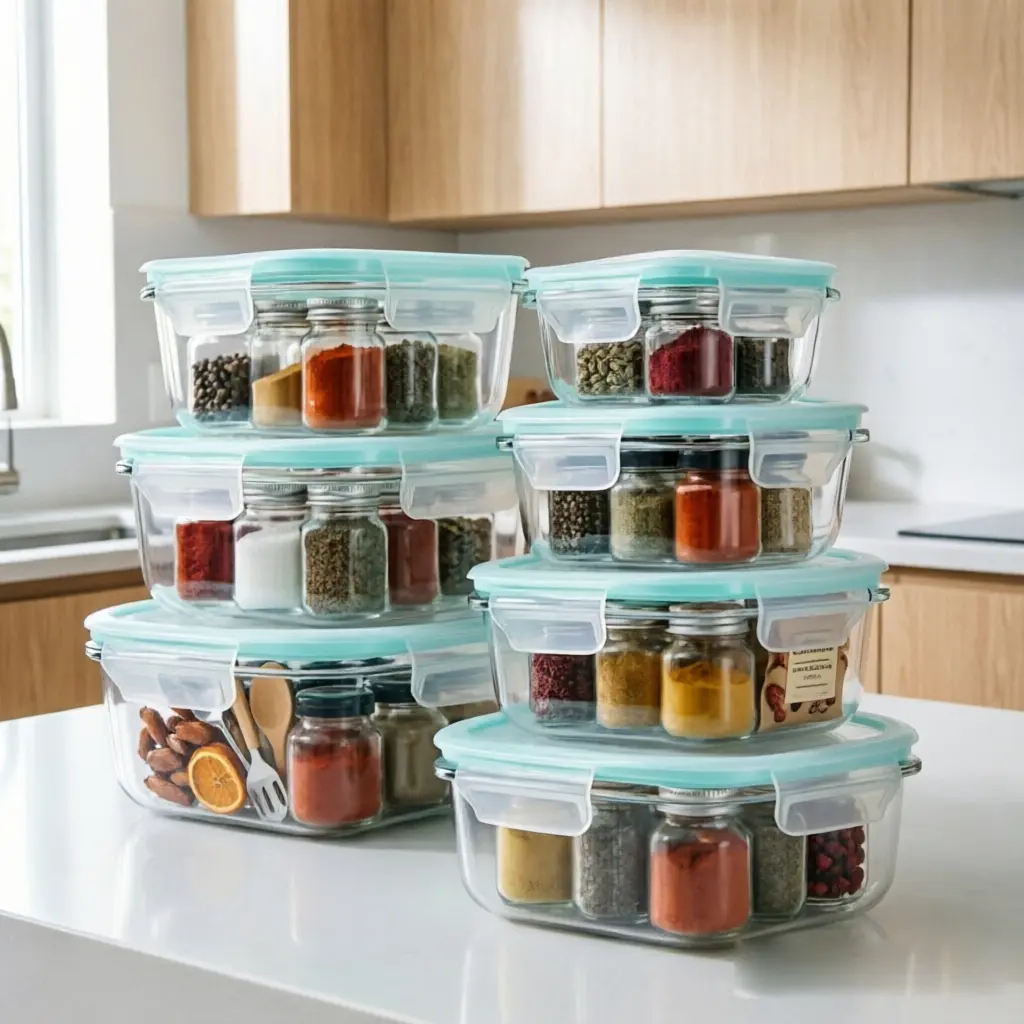 16-piece compartmentalized storage boxes for the refrigerator interior. Multi-functional sealed food storage containers. 8 sealed and leak-proof refrigerator storage containers. Fruits, vegetables and meat preservation boxes.