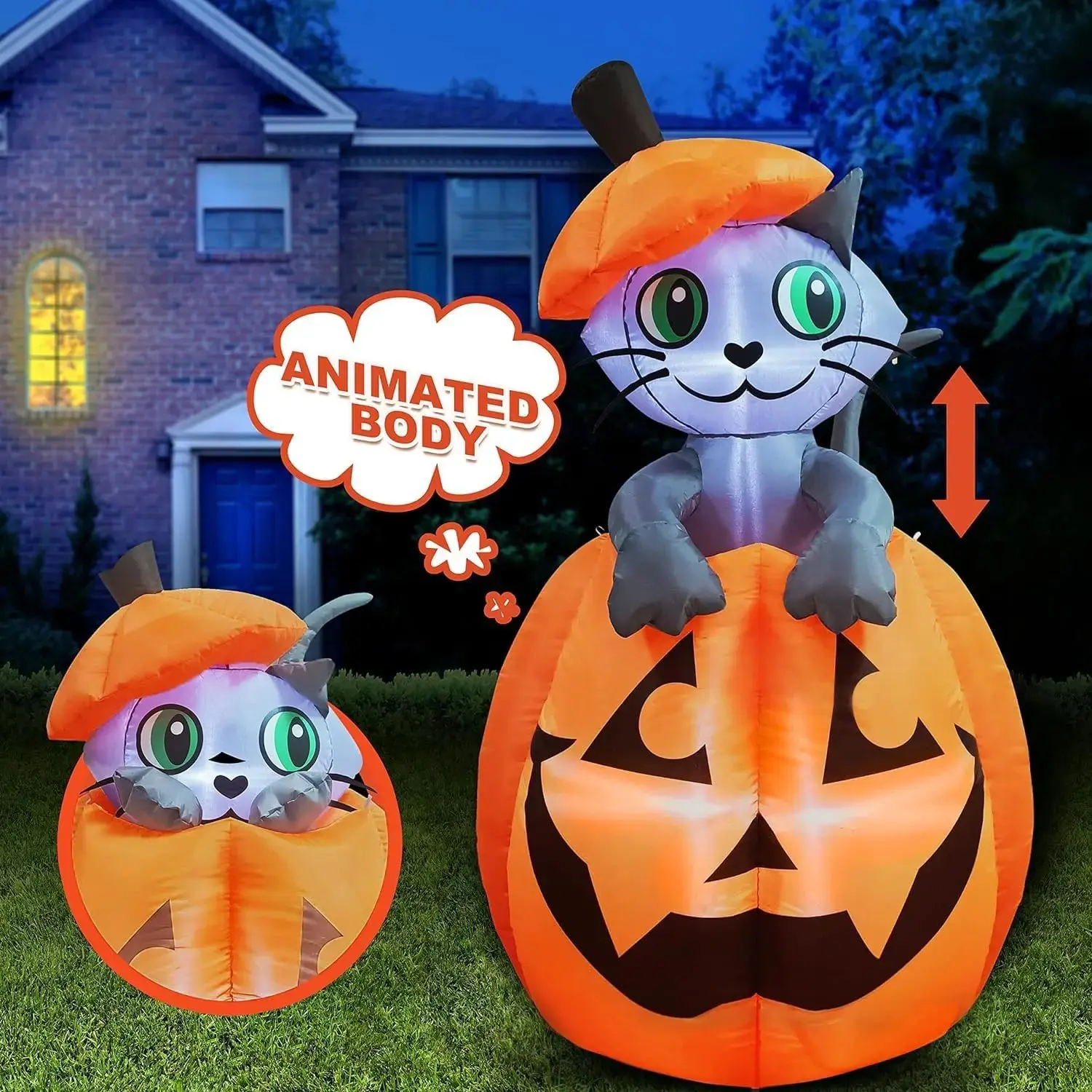 5 Feet Halloween Inflatable Outdoor Decor, Animated Cat on Pumpkin, LED Lighted Halloween Decoration, Perfect for Yard Parties