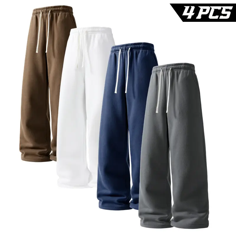 Men's 4-Pack Wide-Leg Sweatpants with Pockets, Loose Straight-Leg Drawstring Lounge Pants for Travel, Gym and Everyday Wear