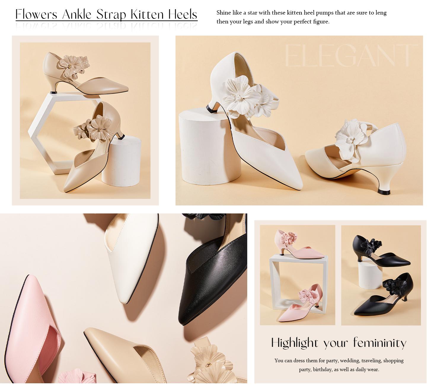 Coutgo Women's Low Kitten Heels Dressy Shoes Comfortable Closed Toe Flower Slip On Formal Party Dance Heeled Pumps Classy Fashion Decor Footwear