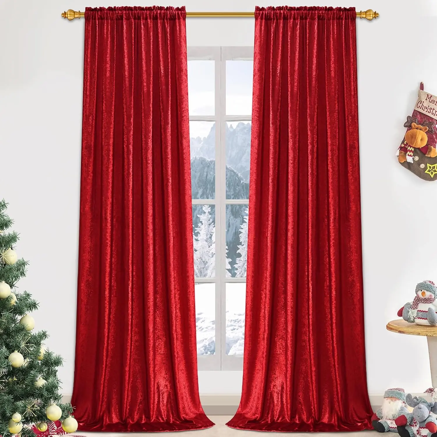 Red 52w x 84l Glam Brushed Brocade Textured Curtains, Light Filtering Foil Print Drapes for Living Room, Dining Room, Bedroom, Christmas Decor Window Treatments with Rod Pocket, Machine Wash