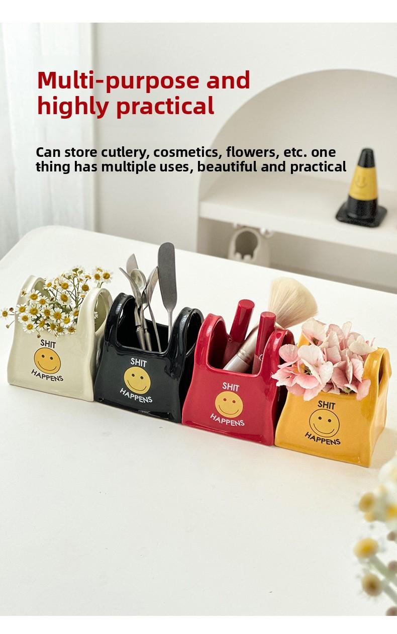 Personalized handbag-style desktop creative ceramic pen holder, remote control and stationery storage box, makeup pen storage bucket, small decorative item