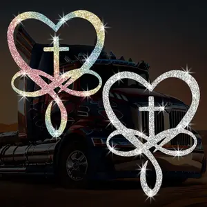 Bling Rhinestone Infinity Cross Car Sticker 1-Piece Glitter Heart Christian Faith Decal Waterproof Religious Crucifix Auto Exterior Window Bumper Decor Gift