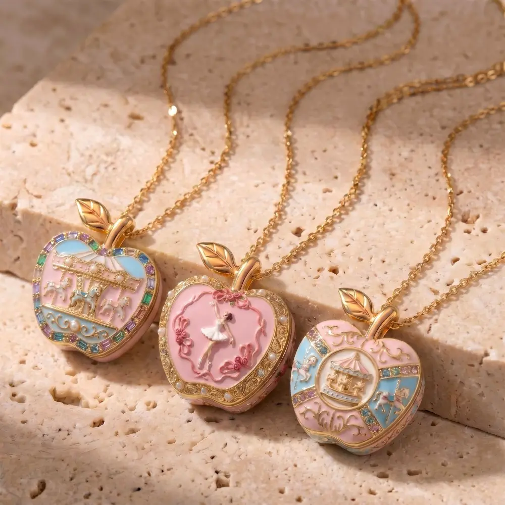 2026 Trending Pink Gold Apple Photo Locket Necklace, Enamel Ballet Girl with Pearl Border, Cute Niche Sentimental Jewelry Gift for Girls Women