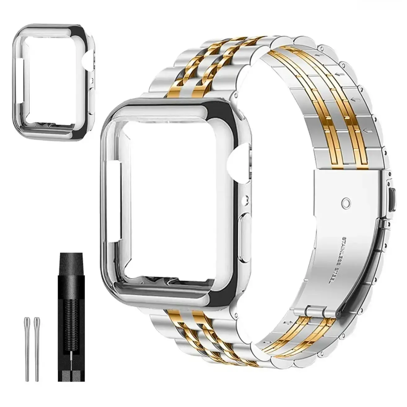 Stainless Steel Watch Band & Protective Case Set, Compatible With Apple Watch 38–49mm Series 1–9/SE/SE2, Summer Replacement Smartwatch Strap Kit