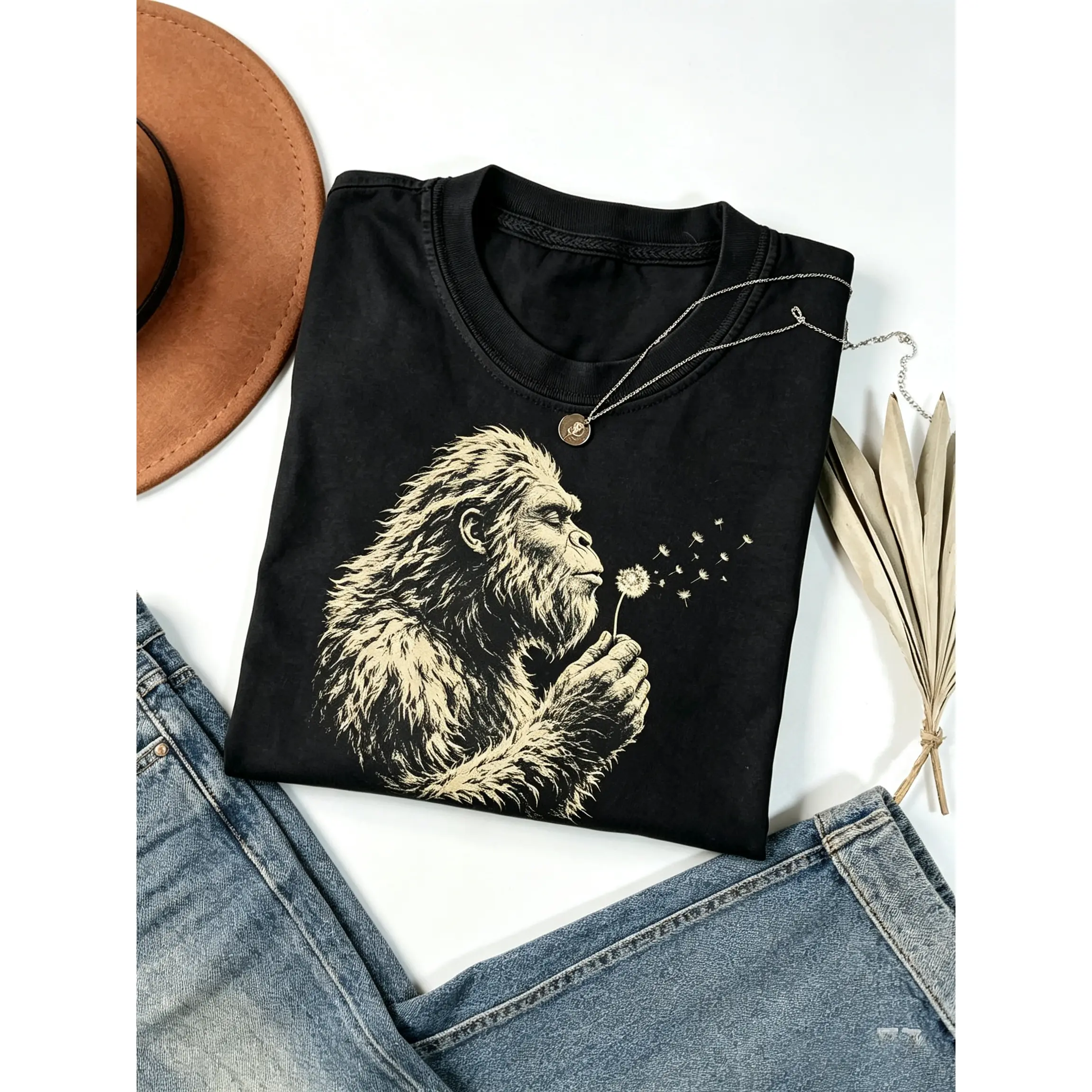 Bigfoot Dandelion Shirt - Vintage Sasquatch Nature Tee, Woodland Cryptid Graphic T-Shirt, Wholesome Outdoor Adventure Gift