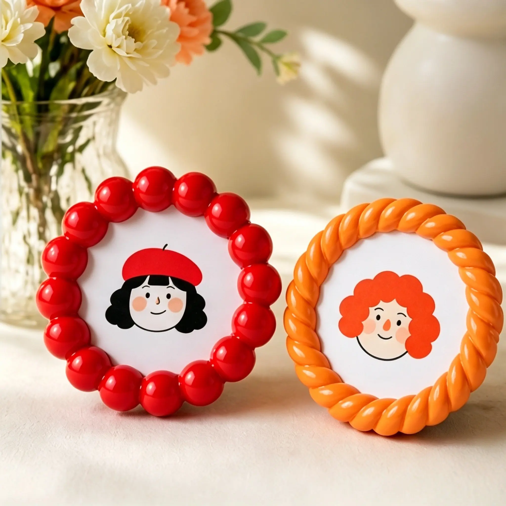 4 Inch Cute Cartoon Round Resin Photo Frame, 2 Styles Red Bubble Beaded & Orange Twisted Small Desktop Picture Holder, Glossy Smooth Tabletop Photo Stand, Kawaii Desk Decor Ornament Sweet Memory Gift for Home Office Bedroom, Picture Frames For Desk