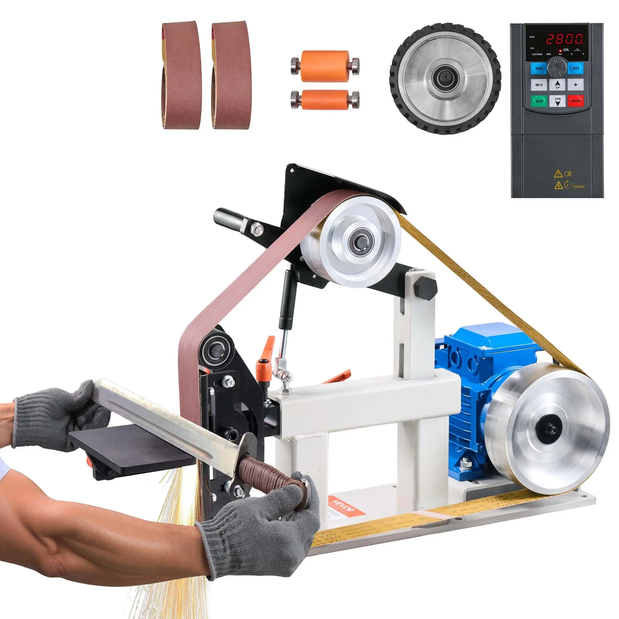 VEVOR 1500W 2HP Belt Sander Grinder, 2" x 82" Variable Speed Belt Grinder for Metalworking, 3 in 1 Belt Sander Polisher with 3 Grinding Moulds Flat Platen Tool Rest for Knife Making