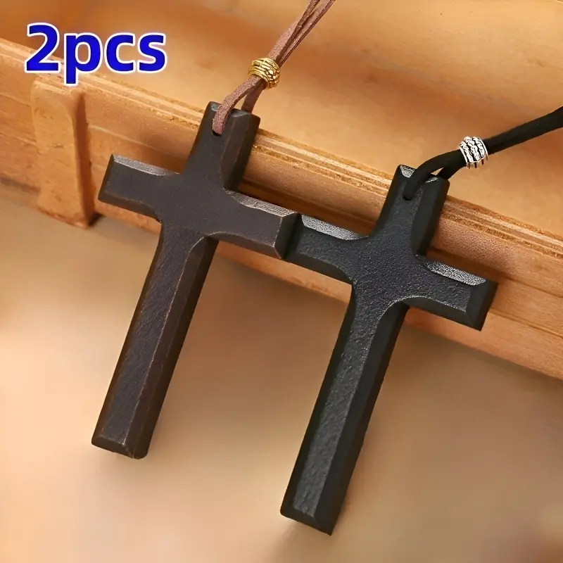 Unisex 2-Pack Minimalist Wooden Cross Necklaces - Handmade Religious Jewelry with Cross Shape, Letter Motif - Everyday Use Gift Set