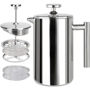 French Press Coffee Maker, 304 Grade Stainless Steel Insulated Coffee Press with 2 Extra Screens, 34oz (1 Litre), Silver