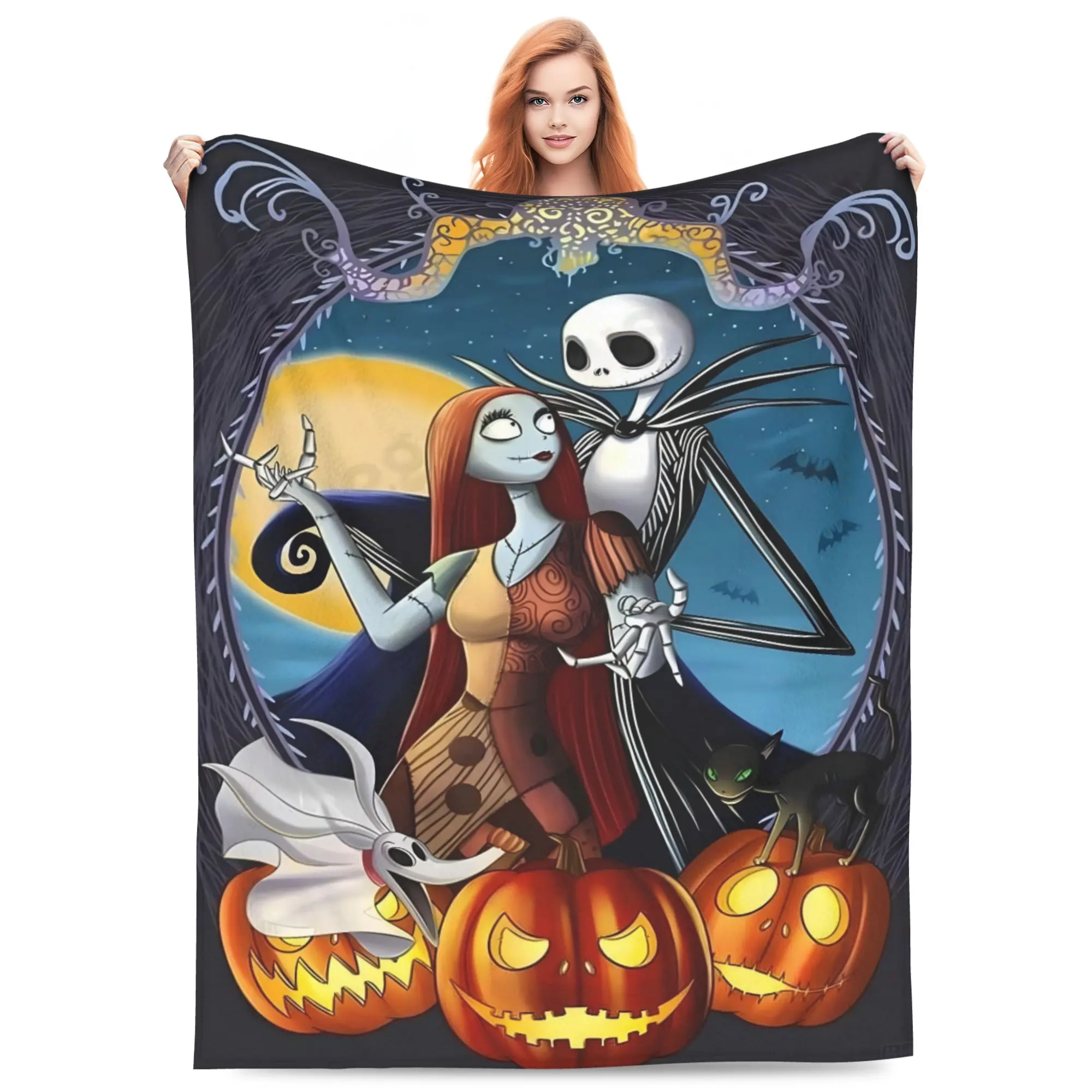 DISNEY CLASSIC Jack & Sally Moonlit Frame Flannel Blanket. Jack, Sally, Zero, black cat, pumpkins, bats and full moon. Soft cozy throw, romantic spooky gift for Nightmare Before Christmas fans.