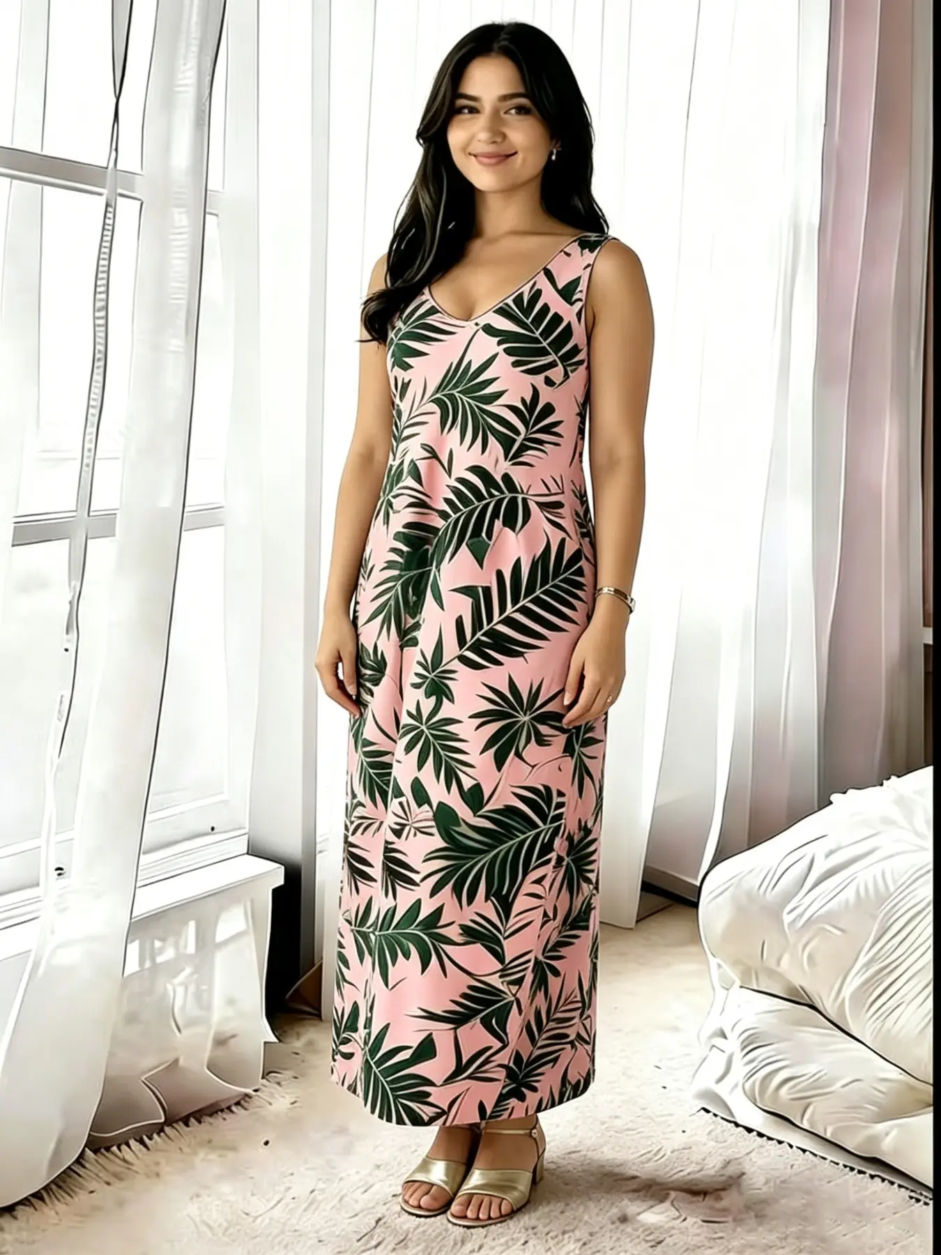 Plus Size Women's Tropical Print Sleeveless Long Dress, Loose Pocket Summer Beachwear, Casual Long Dress for Relaxing Days, Bohemian Summer Dress
