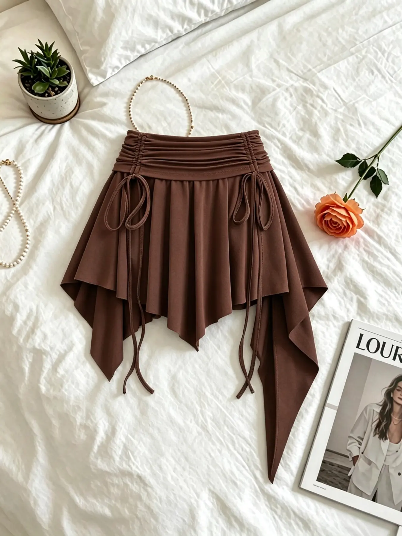 Sweet Cool Girl Style Plain Asymmetrical Skirt, Drawstring Pleated High Waist Slimming Short Skirt, Versatile Casual Wear for All Seasons