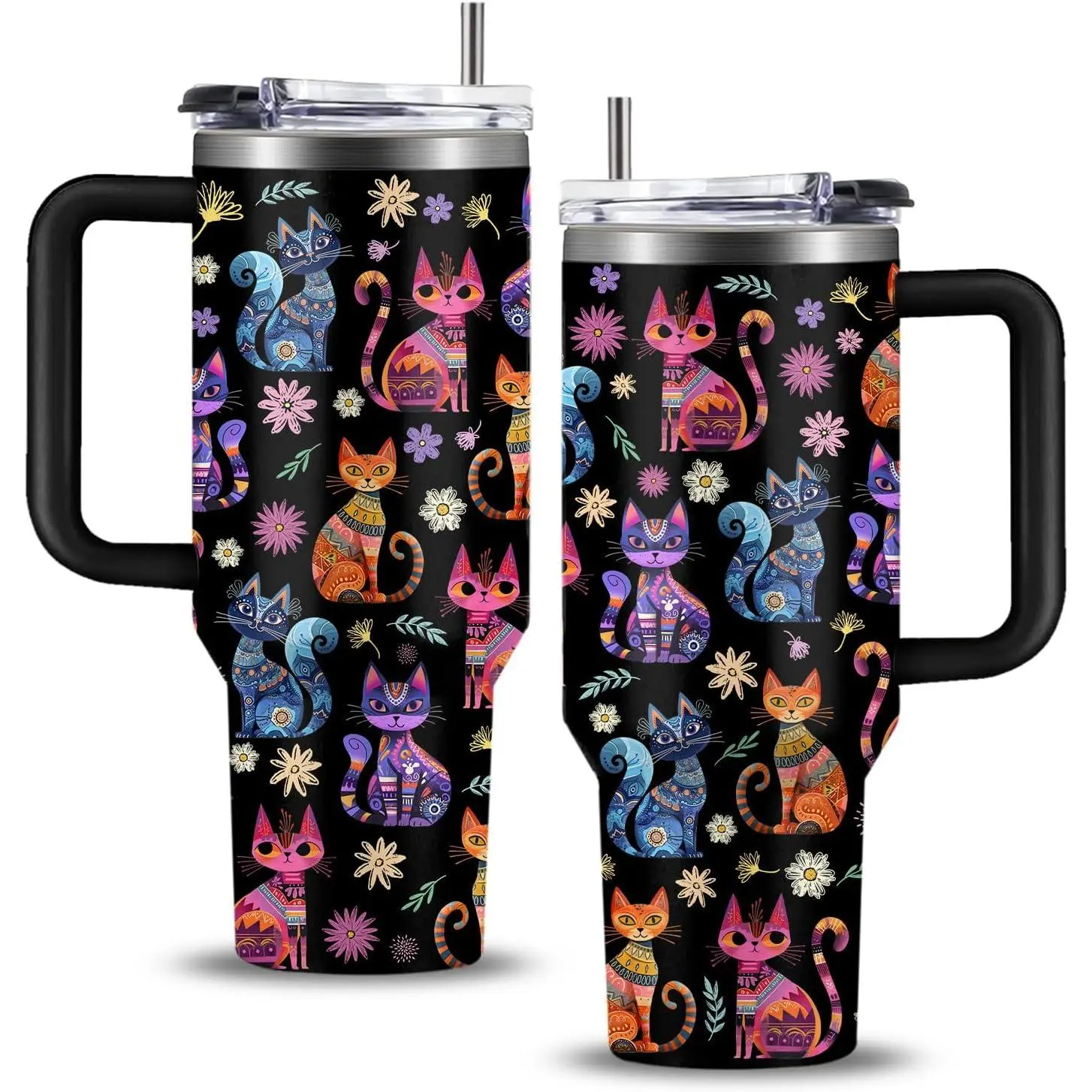 Cat Gifts for Women Cats Tumbler with Handle 40Oz Christmas Birthday Flowers & Elegance Cats Gift for Cat Lover Owner